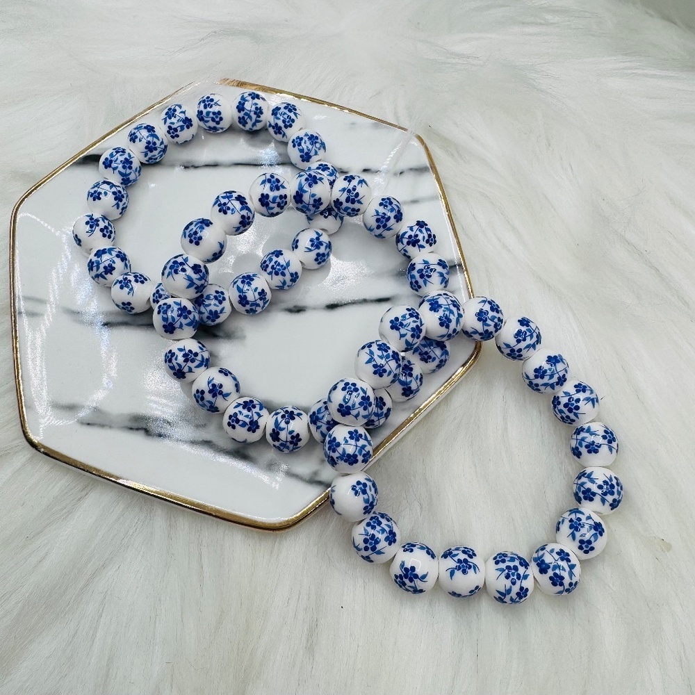 Wholesale Chinese-Style Ceramic Blue Floral Beaded Stretch Bracelet 3 set